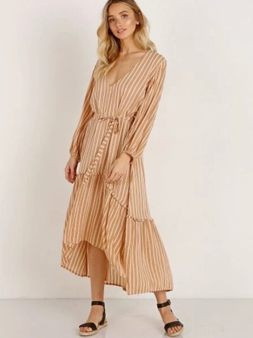 Faithfull The Brand Matilda Peasant Dress Roy Stripe Print Small White Boho